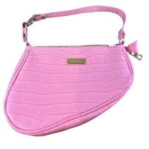 Bebe Pink Croc Embossed Shoulder Baguette Bag Gold Hardware